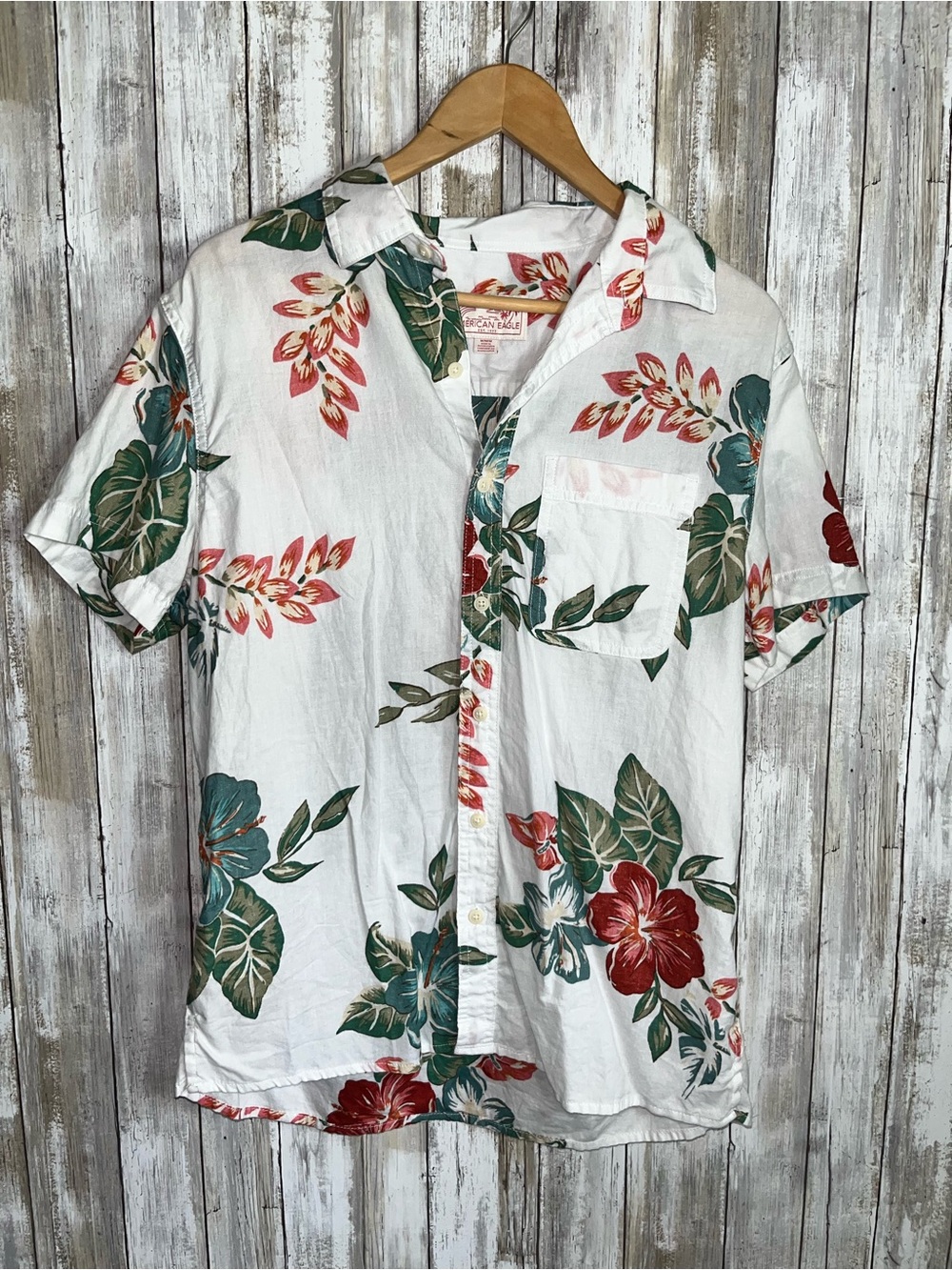 American Eagle Tropical Floral Button Up Shirt Mens Cotton Linen Hawaiian Summer - Picture 2 of 7